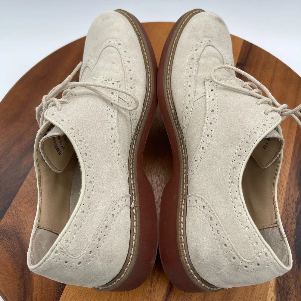 GH Bass & Co Shoes Mens 9.5 D‎ Beige Pembroke Suede Oxford Leather Dress Wingtip